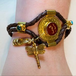 Brown rope & gold tone real silver bracelet with semi-precious stones dragonfly